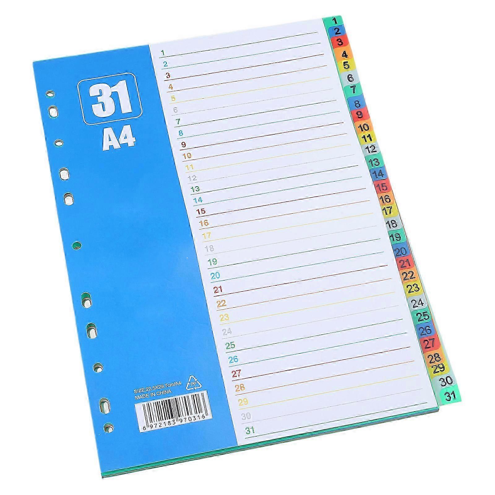 31 Sheets A 4 File Dividers with Punched Hole Binders Dividers Subject Dividers Colour Folder Dividers for Students