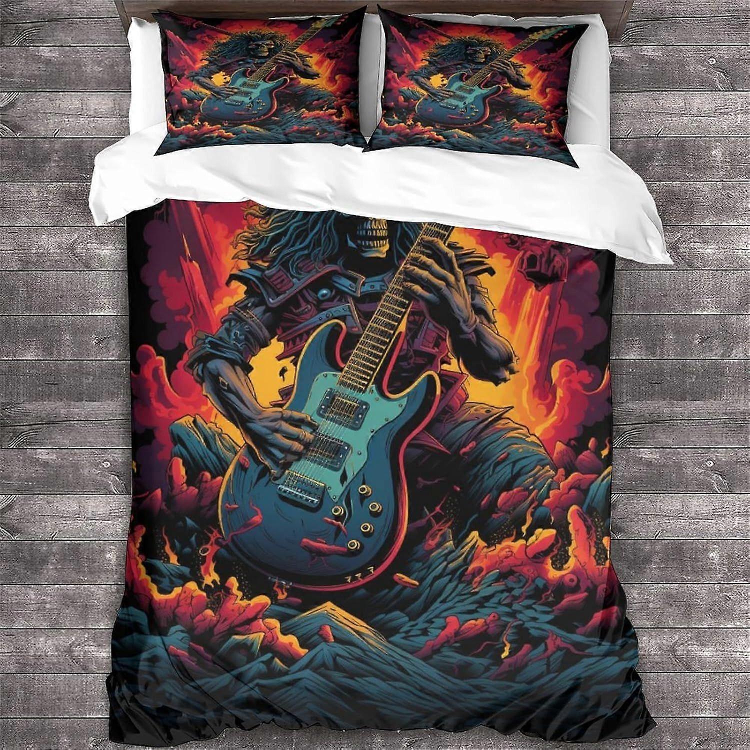 Rock 'n' Roll Capa de edredom com fronhas Skull Pattern Heavy Metal Guitar Bedding Set com fechamento com zíper Capa macia de colcha de microfibra
