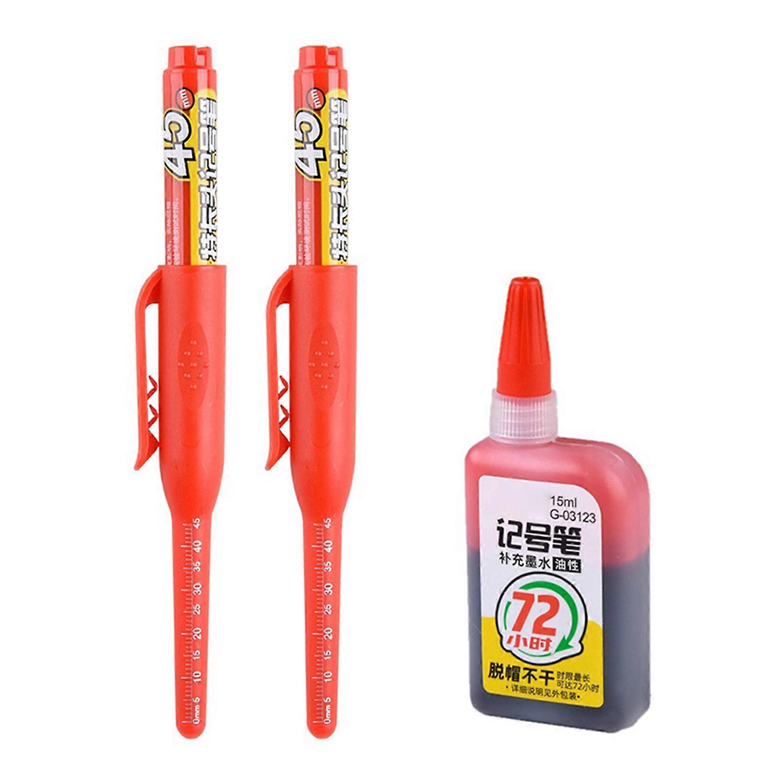 2Pcs Professional Deep Reach Marker 45mm Long Tip Marker Pen Set With 15ml Refill Inks For Woodworking and Construction  Red