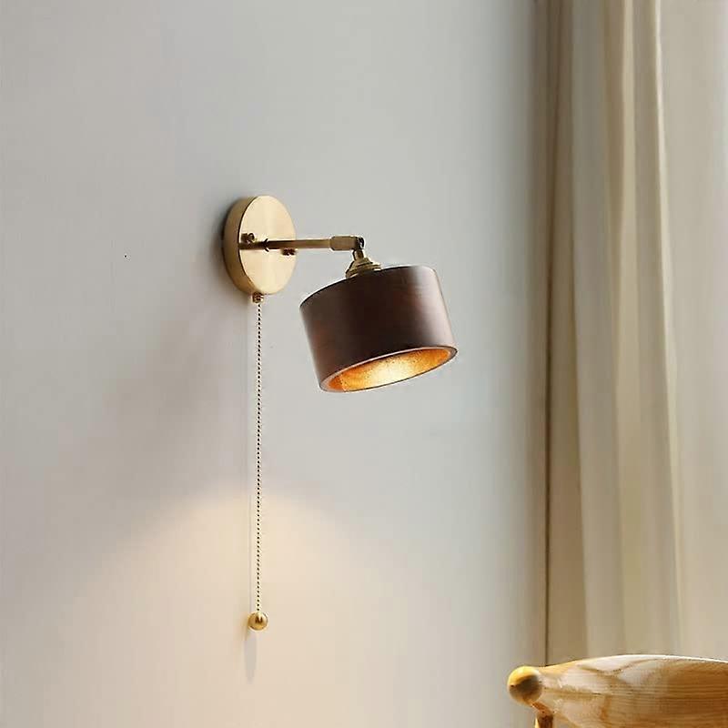 Adjustable Brass and Wood Wall Sconce with Pull Chain Switch, E26 Rotating Light for Bedroom