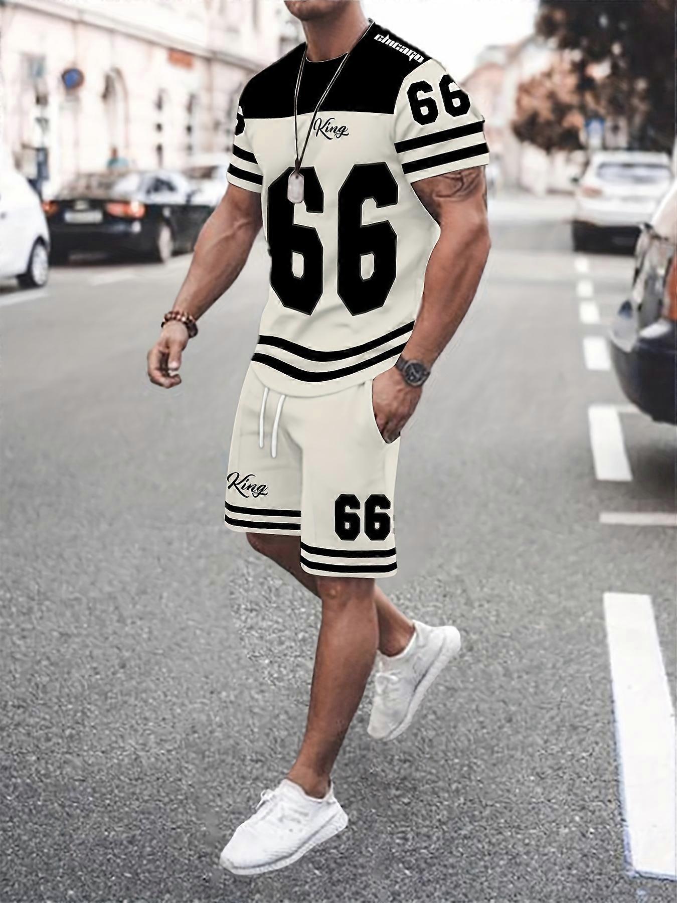 2025 summer new men's set No. 66 letter print T-shirt Men's short sleeve sportswear Football T-shirt Vintage striped T-shirt men