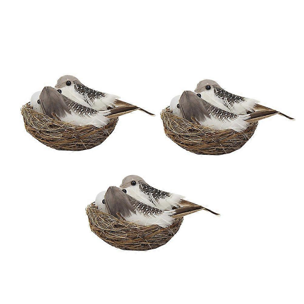 3 Sets Easter Simulation Birds Fake Birds Breeding Nest Decorations (Coffee)