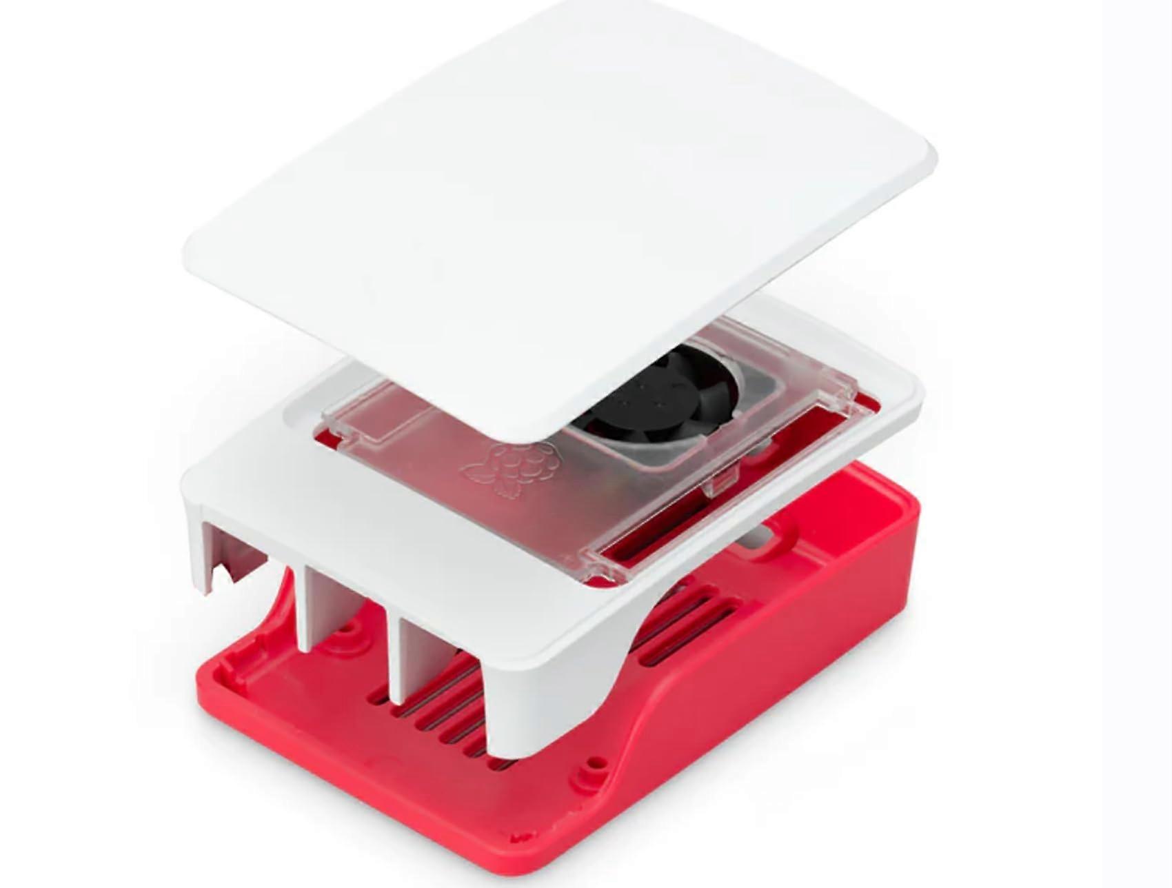 Case with BuiltIn Cooling Fan Red White and Precise Connector Openings for Raspberry Pi 5