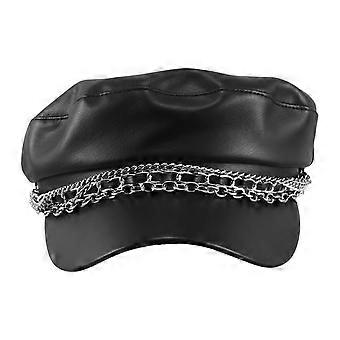 Women Fiddler Cap - PU Leather Black Flat Top Short Brim Visor Berets with Double Chain - 56-60cm Adjustable Sweat-Absorbing Fisherman Chauffeur Newsb