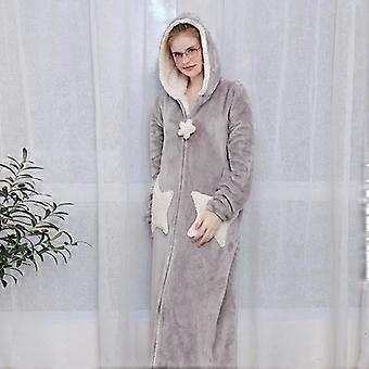 Women's Dressing Gown - Xu19940 - Grey - Hooded Splice Thicken Coral Fleece