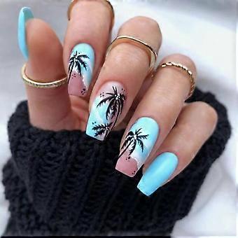 24 Pcs Gradient Artificial Nail Long Full Cover False Nail Glossy Stick on Nail Coconut Tree Press On Nail for Woman