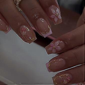 Press On Nail French Tip Pink Gradient Set with 3D Flower and Gold Line Detail, Glossy MultiSize False Nail for Daily Wear, Parties Wedding Looks