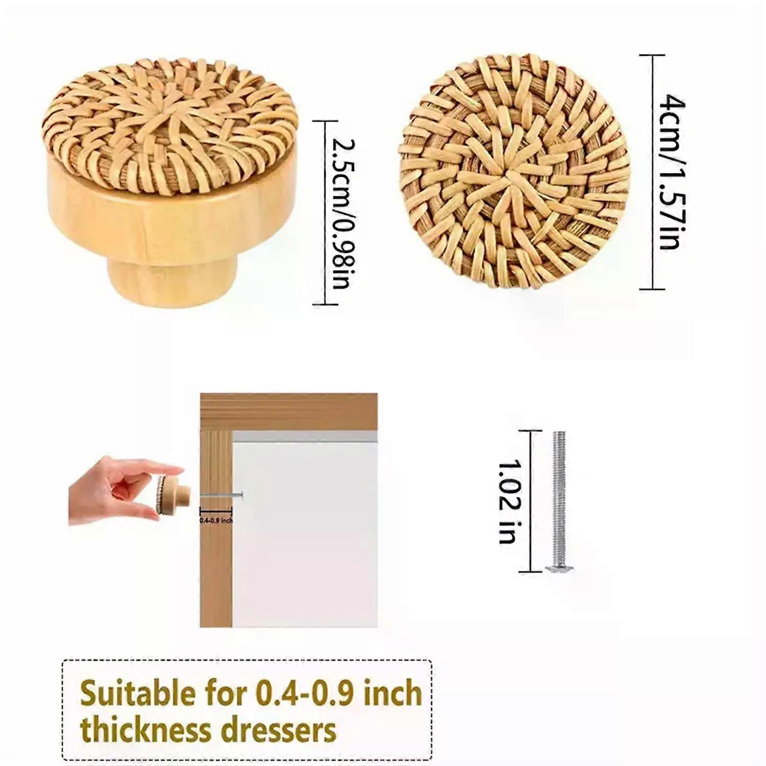 4pcs Boho Rattan Dresser Wood Knobs Hardware Pulls Cabinet Knobs Handmade Wicker Weave and Screws