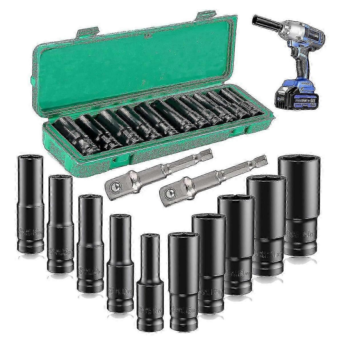 Deep Impact Socket Set,12Pcs 1/2 inch Socket Sets 8-24mm and Storage Box with Driver Socket Extensi
