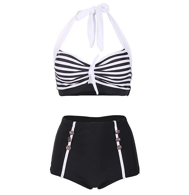 New Women's Retro Striped Split Bikini High Waist Bag Hip Two-piece Swimsuit