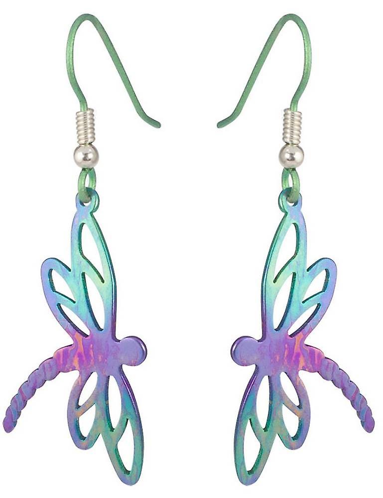 Ti2 Titanium Dragonfly Drop Earrings - Green/Purple/Pink