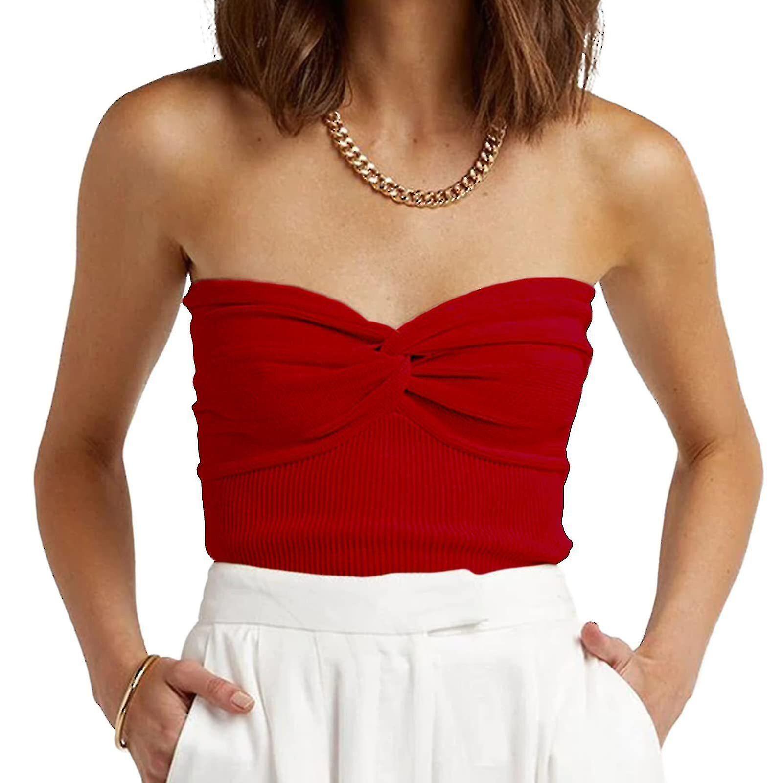 Womens Strapless Crop Top, Ribbed Knit Knot Camisole Tanks Top