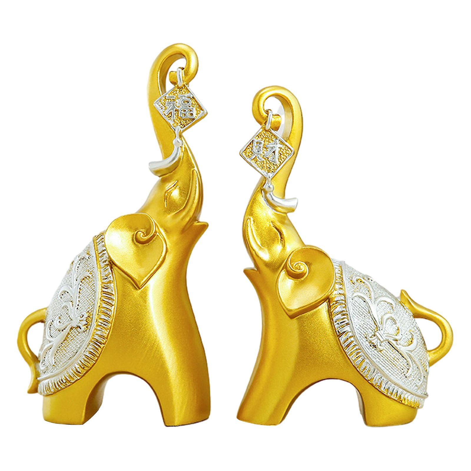 Set of 2 Elephant Statues with Trunk up Tabletop Decoration Fengshui Ornament Desk Collection for Home Accent Piece Exquisite