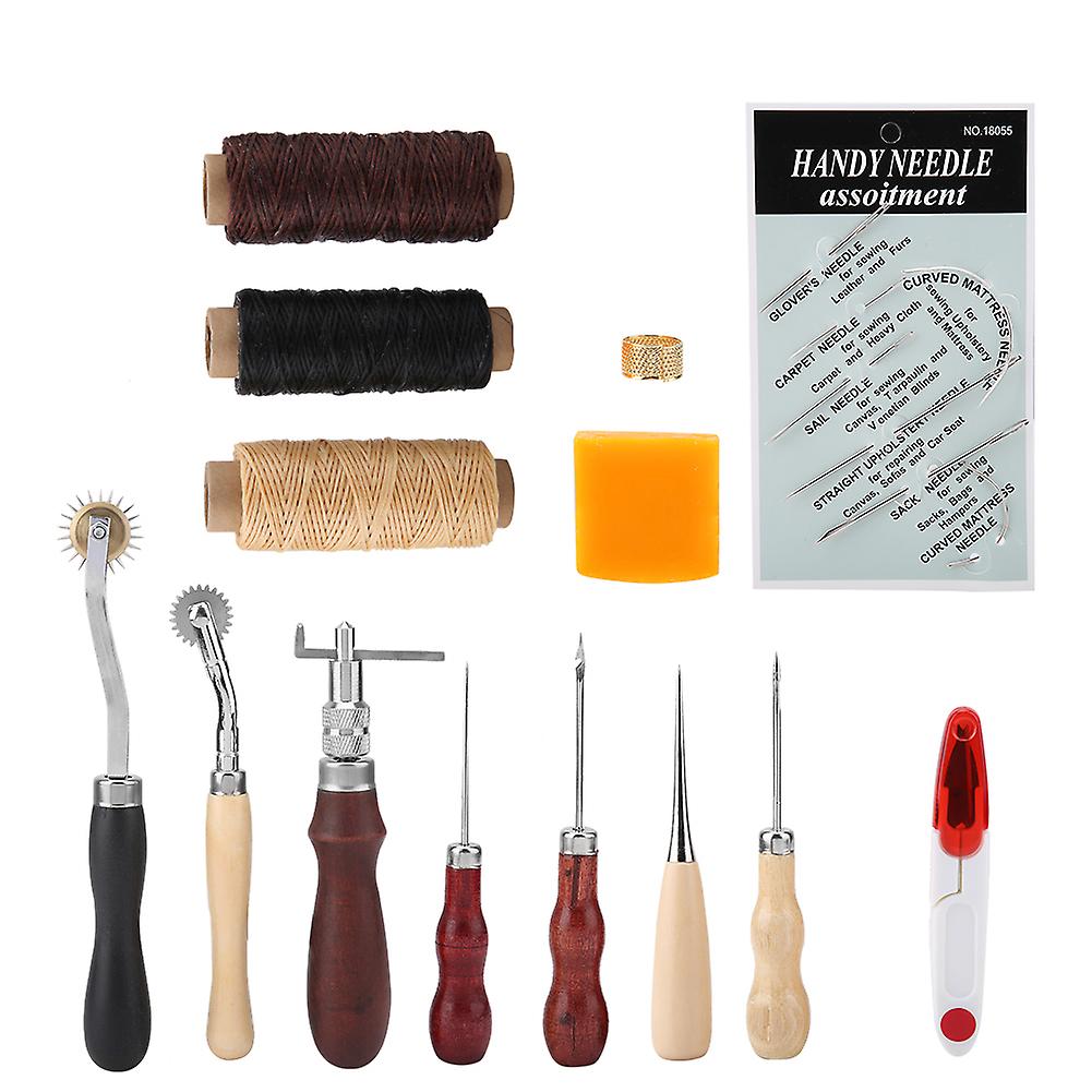 14Pcs/ Set Leather Craft Hand Stitching Sewing Tool Thread Awl Waxed Thimble Kit