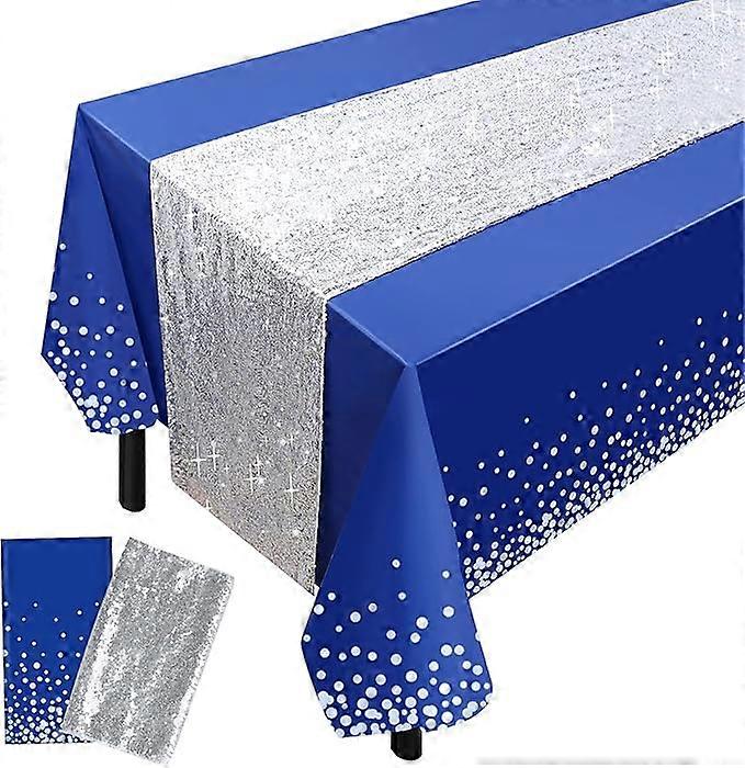 Navy Blue Tablecloth, 12x108inch Silver Sequins Table Runners and 54x108inch Plastic Table Cloths for Party Decorations