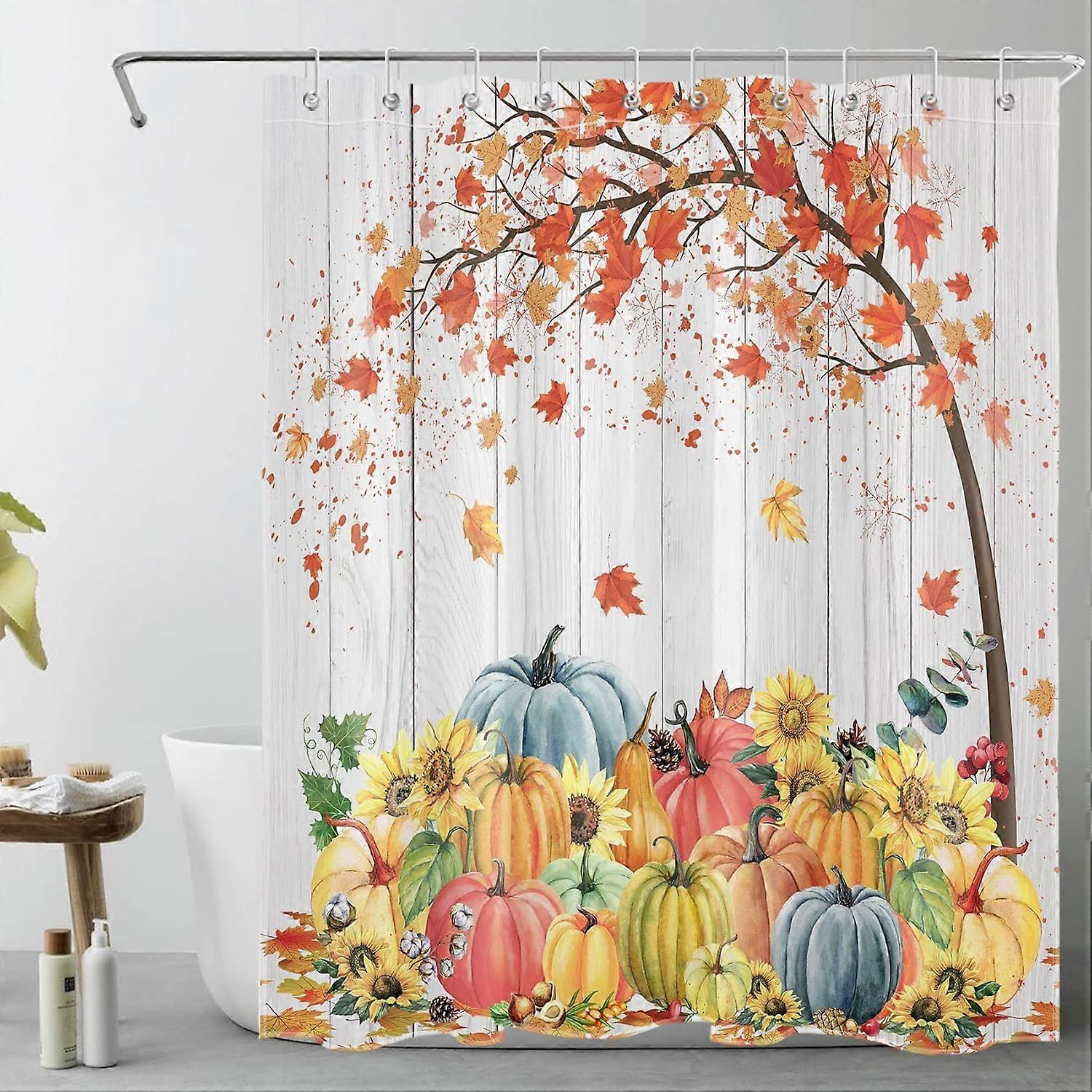 秋のカボチャのシャワーカーテン水彩フルーツ黄色のひまわりシャワーカーテン秋のカエデの木農家ウッドバスルームシャワーカーテンフック付きセット