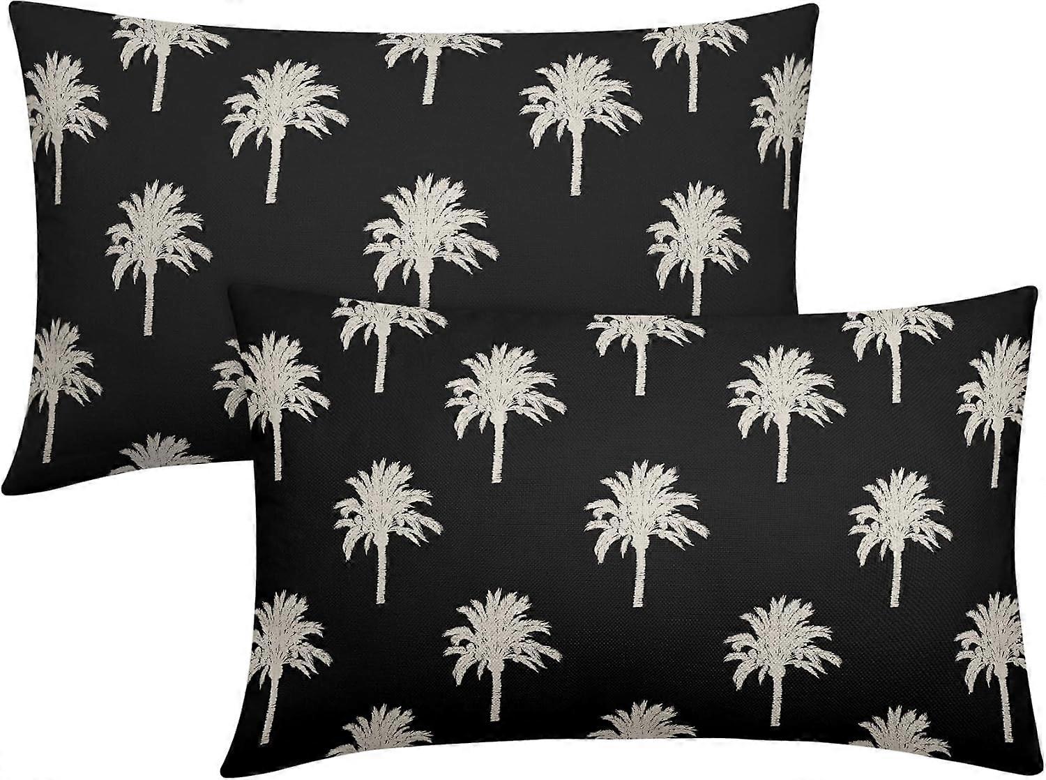 ヤシの木の黒い腰椎枕カバー12X20インチの熱帯沿岸植物ココナッツの木の装飾的な枕カバー2つの夏のレトロコットンリネンスローのセット