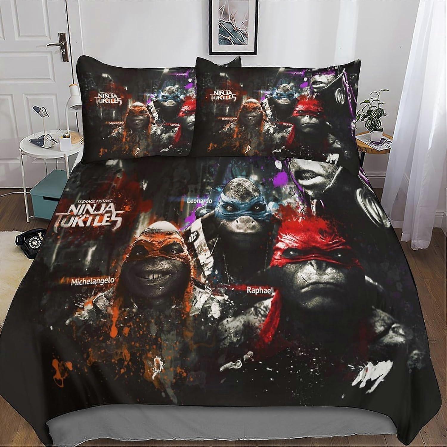 Ninja Turtle Bedding Set Movie Duvet Cover & Pillowcases 3D Microfiber with Zipper Closure 3 Pcs Pillowcases Suitable for Boys and Girls Double