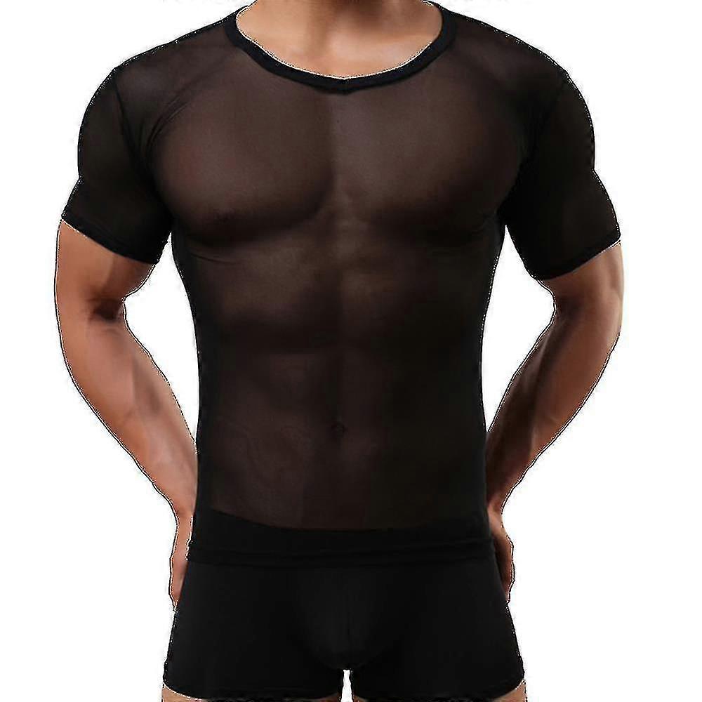 Mens Sexy Sheer Mesh See Through Short Sleeve Breathable T Shirts Undershirts