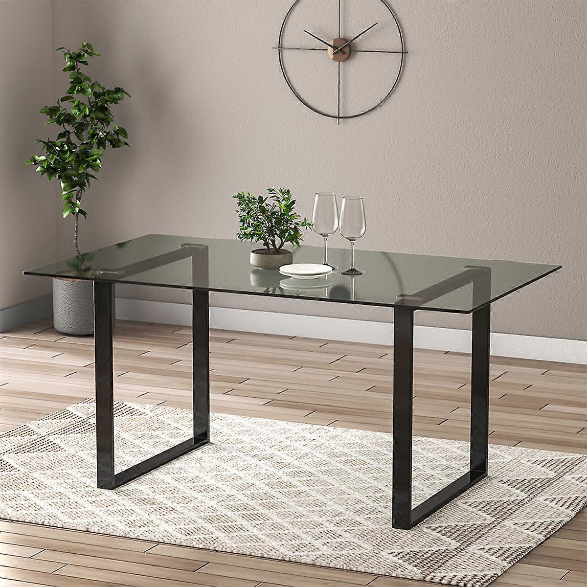 160cm Modern Tempered Glass Dining Table with Black Base