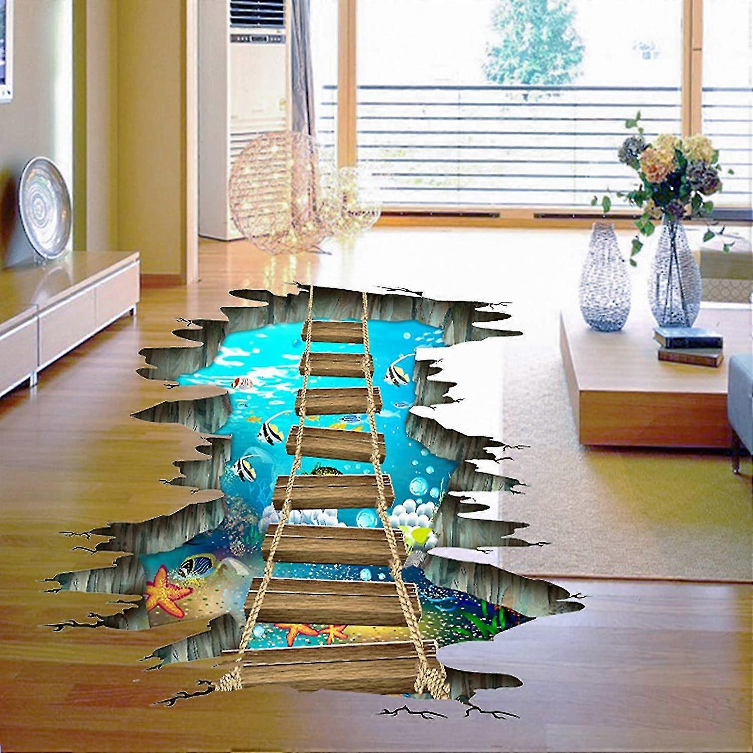 3d Floor Stickers,underwater Sea World Starfish Colorful Fishes Removable Love Ocean Cute Wooden Suspension Bridge Pvc Art Wall Decal , Sensory Room D