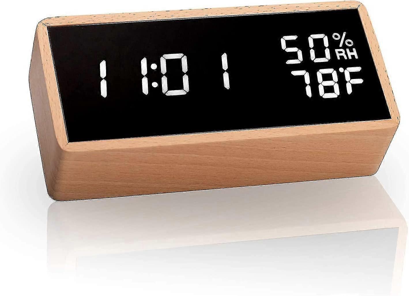 Electronic Alarm Clock, Wooden Digital Alarm Clock With 3 Alarm Settings, Usb Powered Digital Clock With Time, Temperature And Humidity Led Display (y