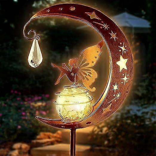 ソーラーガーデンオーナメント屋外妖精ソーラーライトムーンスターパチパチガラスボールステークメタルライトガーデンパス用装飾防水ウォームホワイトLED