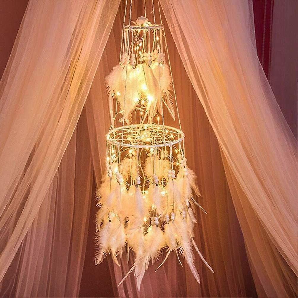 Dream Catcher Decoration with Warm LED Light Chain - White/Pink