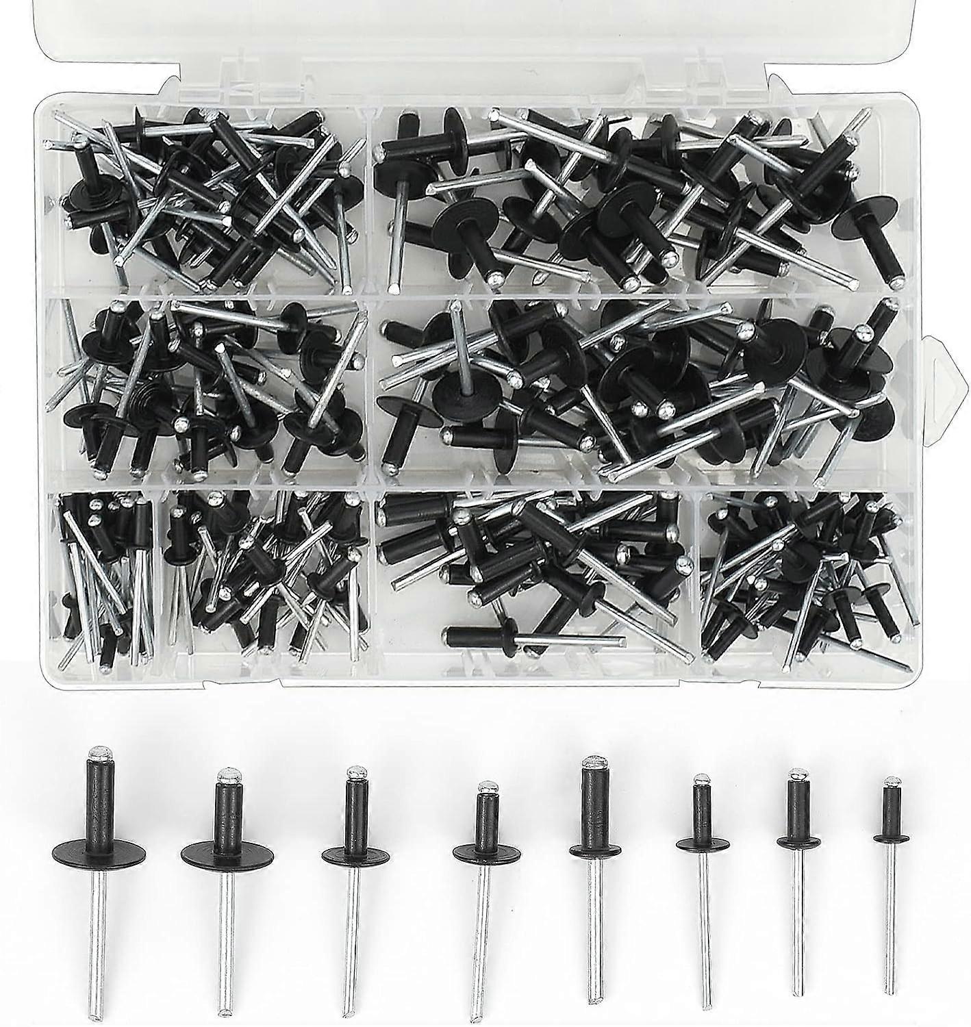 200 pcs Aluminum blind rivets, 3.2 x 8 mm, 3.2 x 10 mm, 4 x 10 mm, 4 x 14 mm, 4.8 x 14 mm, 4.8 x 18 mm, 8 sizes