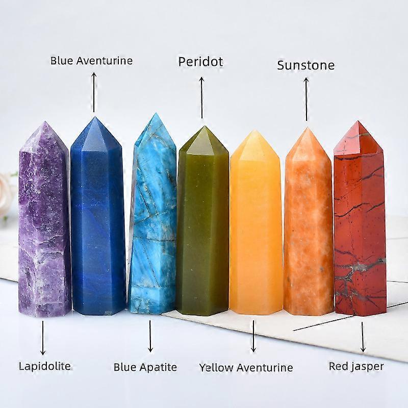 7PC Natural Stone and Crystal Point Seven Chakras Healing Obelisk Quartz Tower Ornament for Home Decor Energy Stone Pyramid