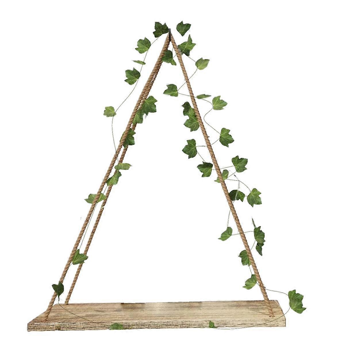 Simulated Green Plant LED Light Wooden Wall Hanging, Macrame Shelf for Bedroom Living Room Kitchen