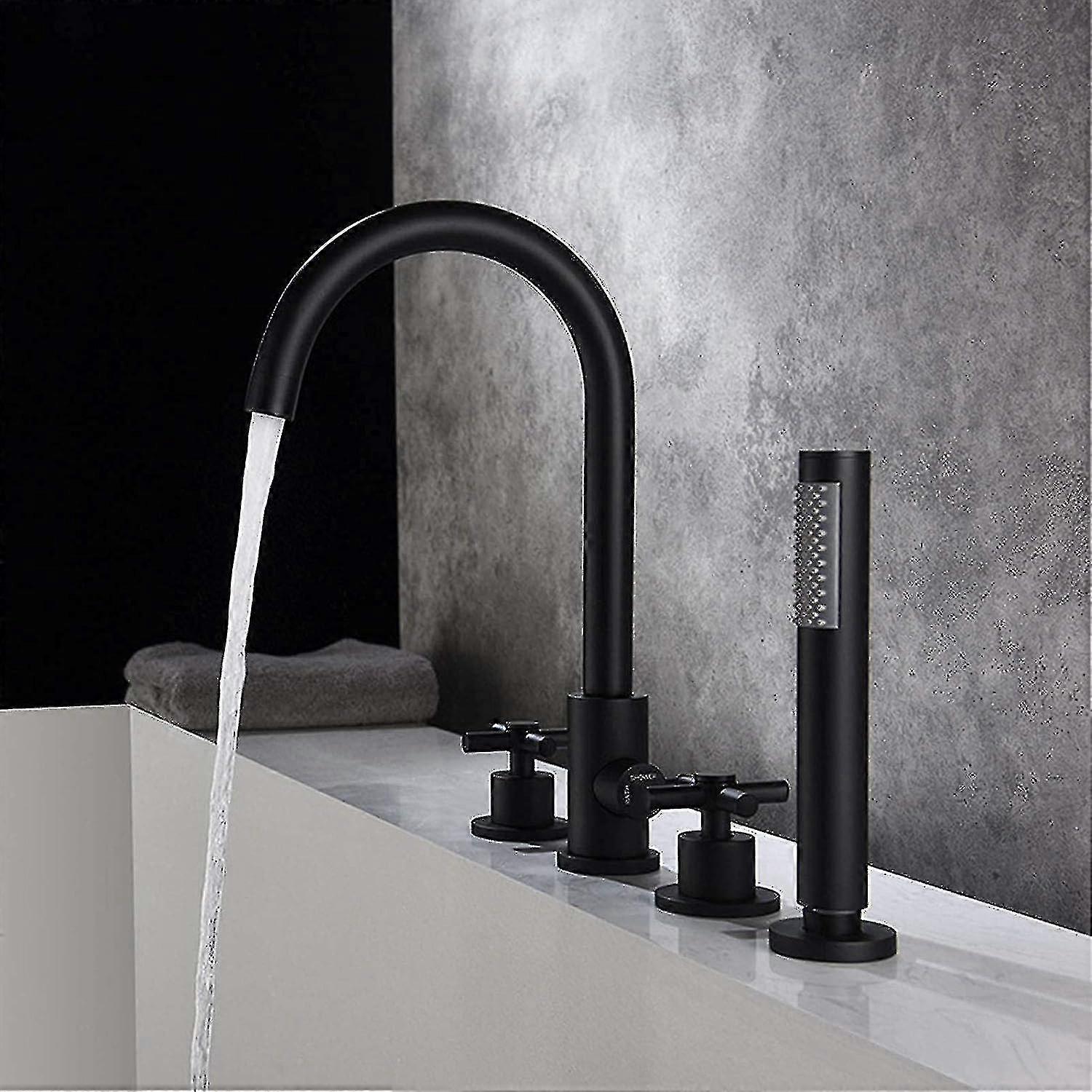 Badekar Tappekran Matt Svart Badekar Kraner Med Hånddusj 2 Tverrhåndtak 4 Hull Badekar Kran Dekk Mount Baderom Kran Messing