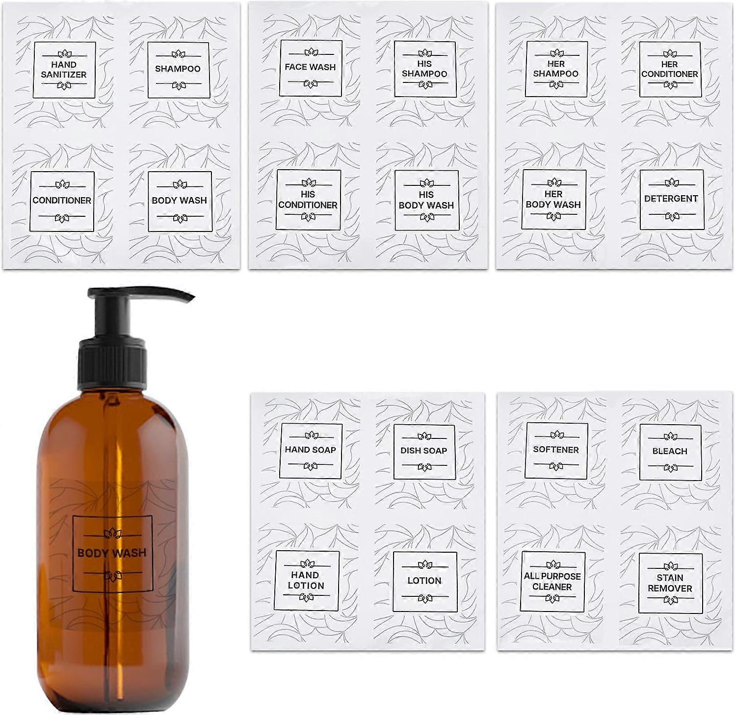20pcs Waterproof Bottle Label Stickers Removable Bathroom Label PVC Adhesive Clear Stickers Grass Bathroom Sorting Storage Rectangle with Word Shampoo