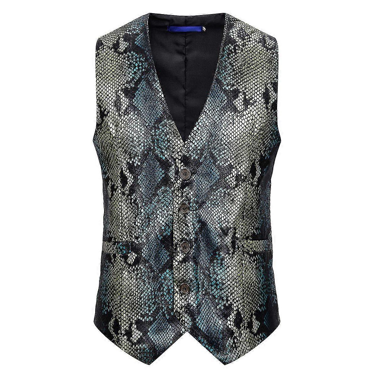 Mens V-Neck Four-Button Buckle Fishscale Vest Suit