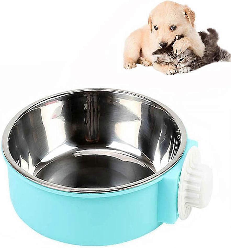 Blue - 2 in 1 Removable Stainless Steel Hanging Bowl, Pet Feeding Bowl for Dogs, Cats, Small Pet Crate and Hanging Crate (14cm) 1pc