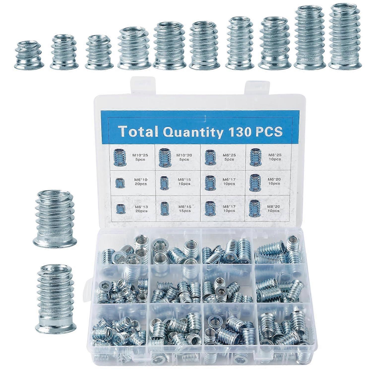 130pcs M6/M8/M10 Threaded Wood Inserts with Sorting Box for Furniture Assembly