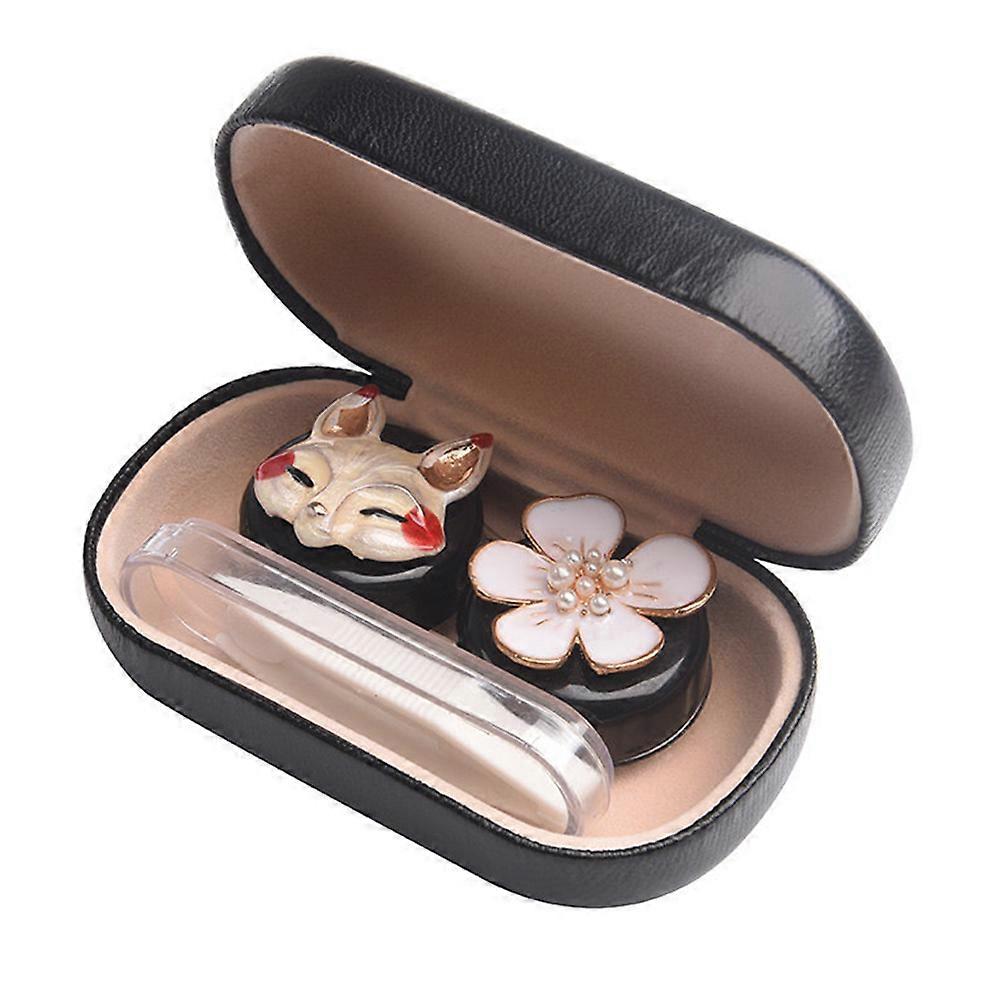 Cute Contact Lens Case Travel Kit Portable Contact Case Container With  2 Contact Lens Box, And Tweezers-Black-Fox Style