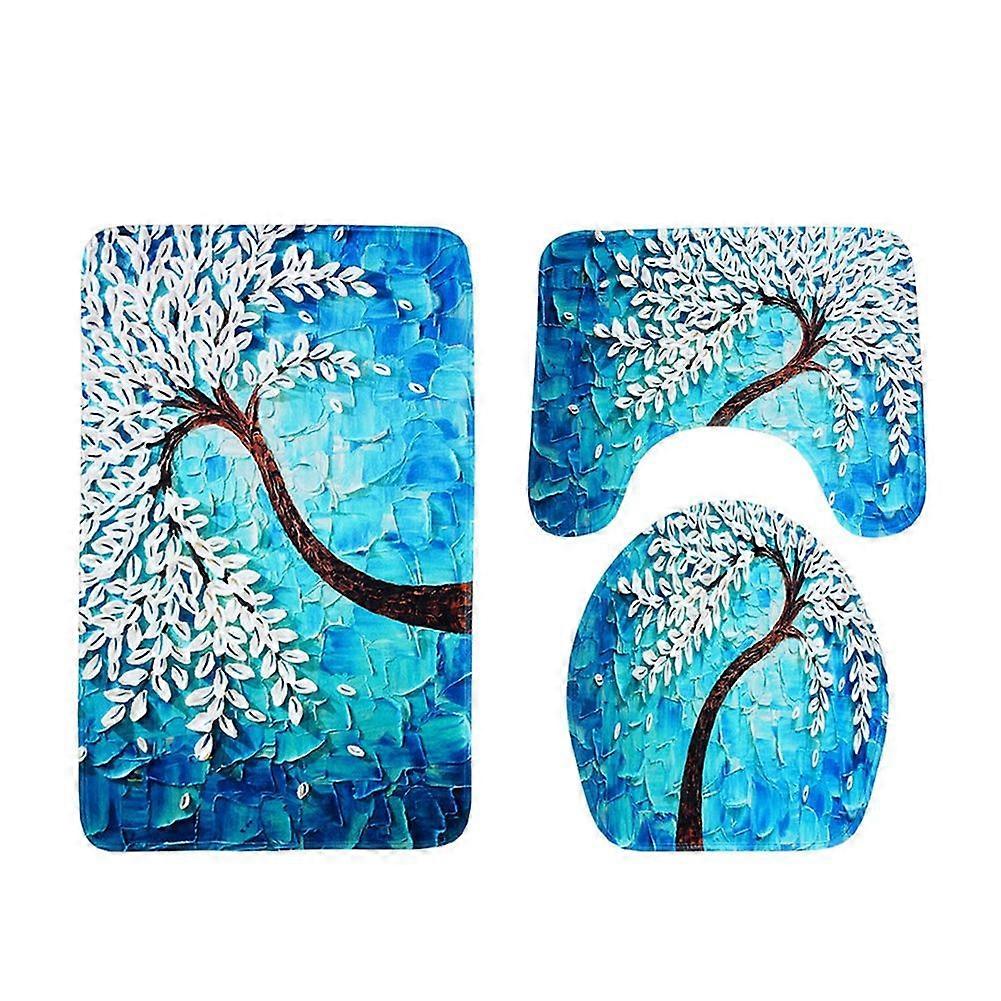 3pcs/set 3D Flower Printing Dustproof Water Absorbent Bathroom Mat Set (Blue)
