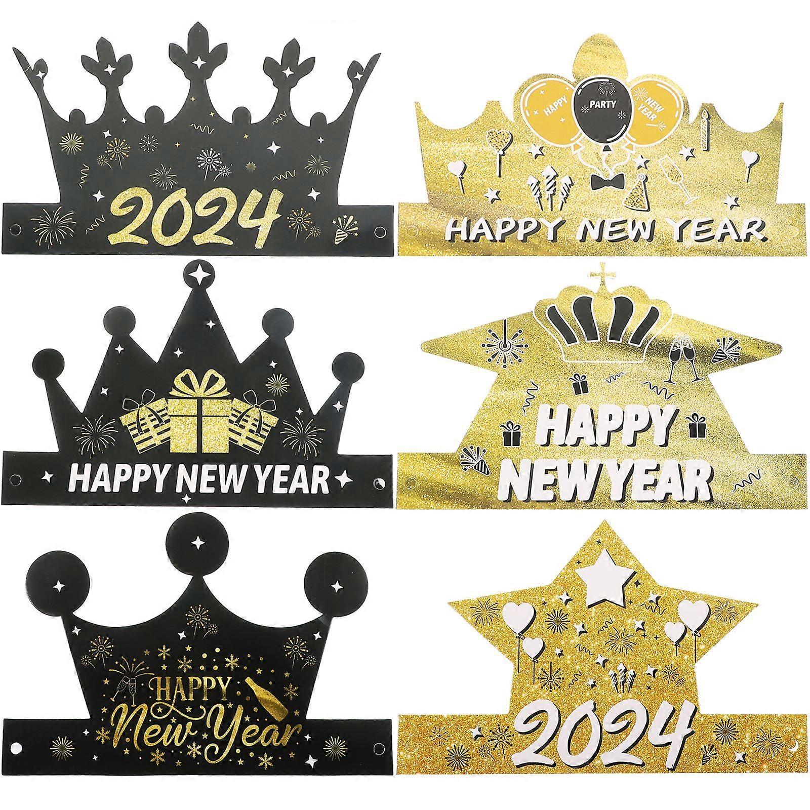 6pcs Happy New Year Party Crown Hats Adjustable New Year Crown Caps New Years Eve Photo Props