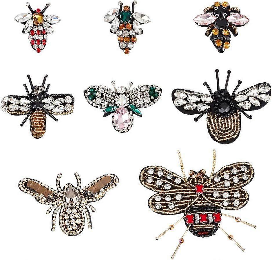 8 Pcs Bee Beaded Patches 8 Styles Rhinestone Beaded Patches Sew On Patches Crystal Beaded Appliques Rhinestone Sequin Patches for Jeans Clothing Handb