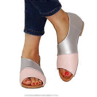 Stylish Retro Women Side Empty Fish Mouth Sandals Stitching Color Flat Shoes(Gray Pink,41)