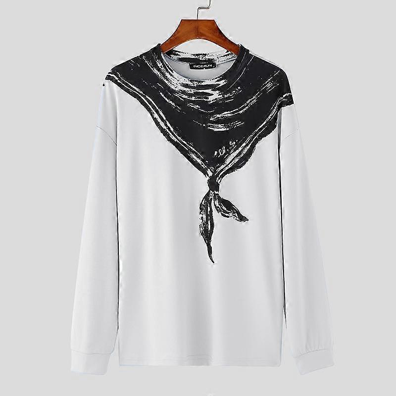 INCERUN Men Round Neck Long Sleeve Print Loose Casual Tops T-shirts
