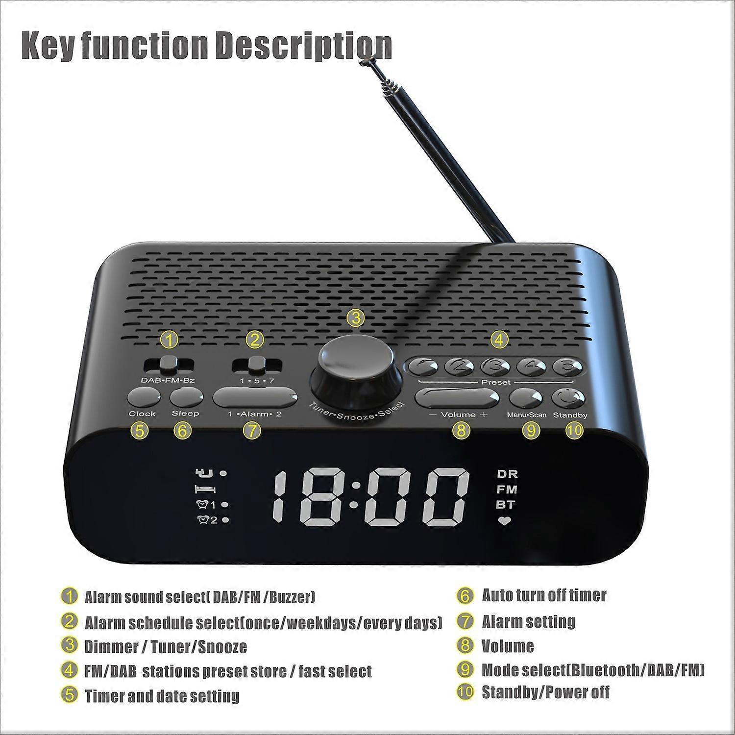Digital Bedside DAB/FM clock radio with BT streaming play,Jumbo LED display,dual alarm,long work tim