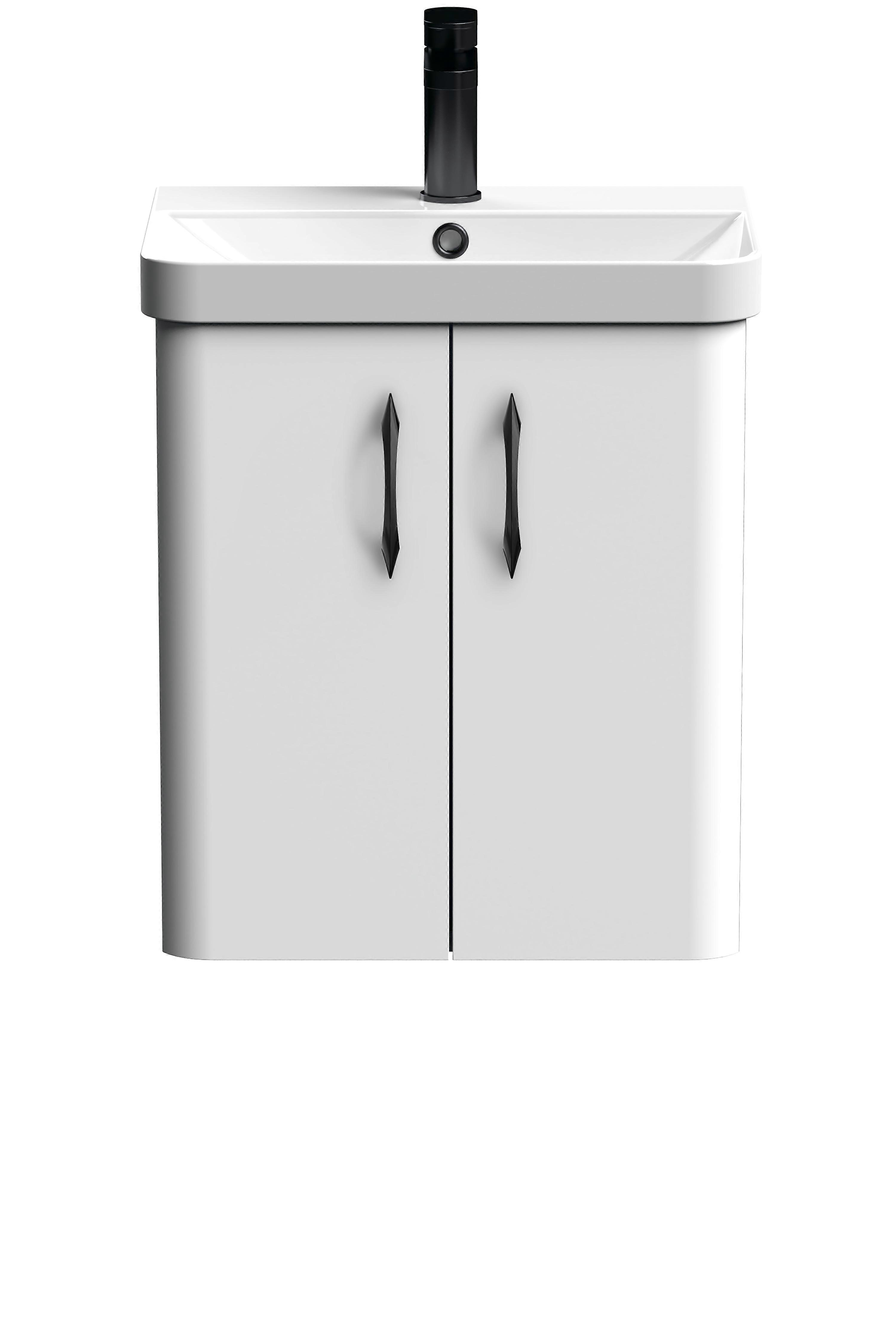 Curve Wall Hung 2 Door Vanity Basin Unit - 500mm - Gloss White with Black D Shape Handles (Tap Not Included) Faucet