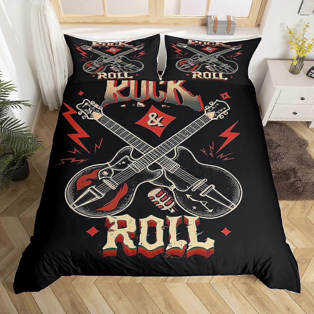 1 Set Bedding Set Guitar Print Rock Music Black and Red Decorative Room Decorative Rock Guitar King Size 104"x90"