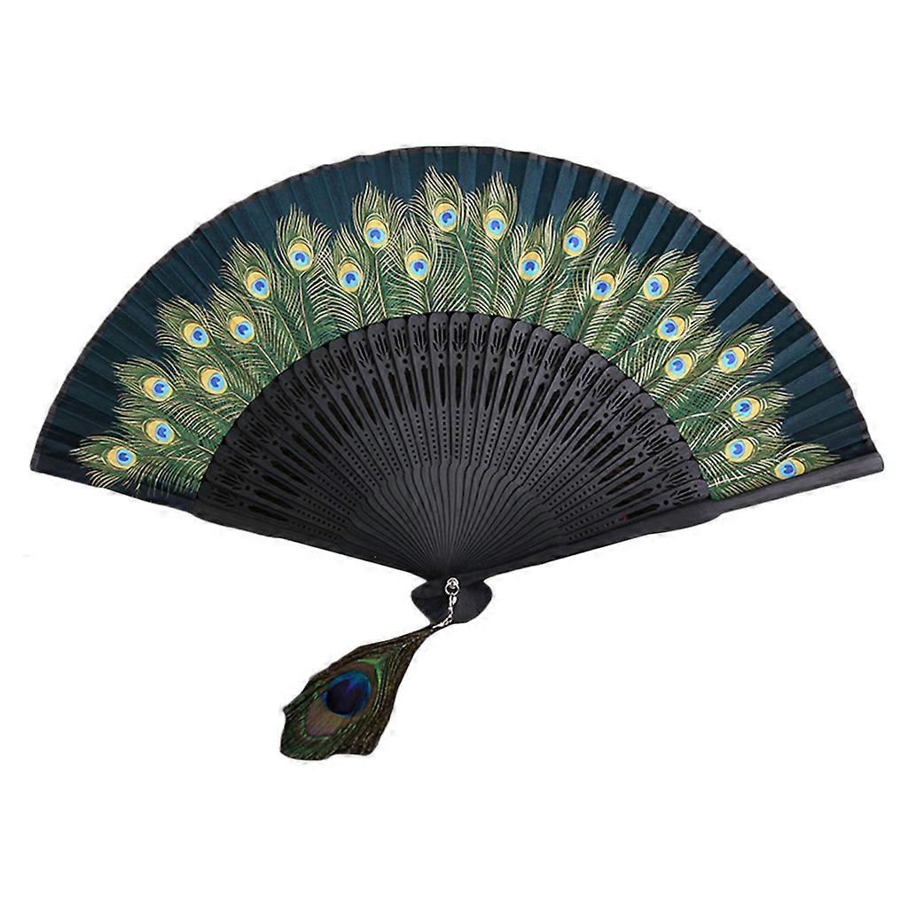Chinese Style Peacock Patterned Hand Fans Vintage Imitation Silk Handheld Folding Fan with Bamboo Frame for Dancing Dark green