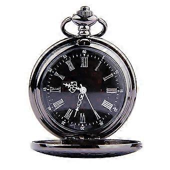 1Pc Round Pocket Watch Retro Classic Dual Display Roman Arabic Numerals Dial Watch Pocket Watch Steampunk (Black Thin Chain)