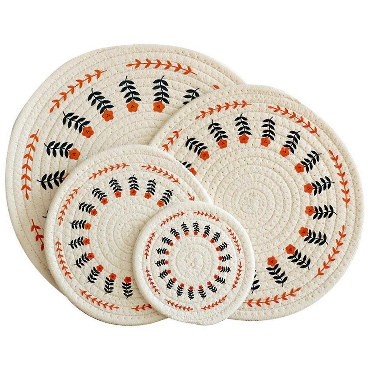 4Pcs Thicken Round Cotton Woven Insulation Pad Table Mat,Flower