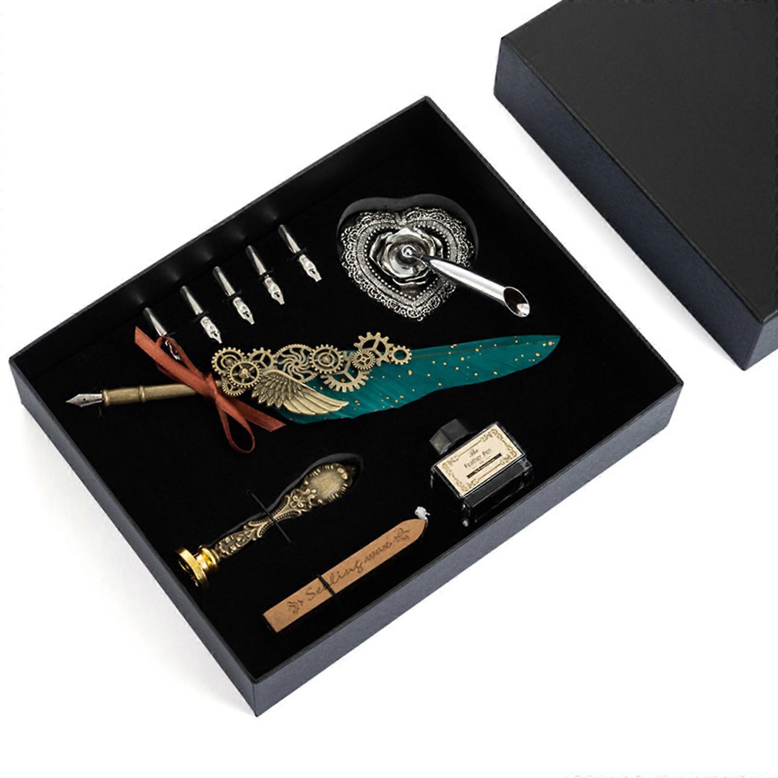 Antique Quill Dip Pen Set 5 Replacement Nibs Black Ink Bottle Wax Seal Stick for Ideal for Gothic Calligraphy Kid Adult Multicolor