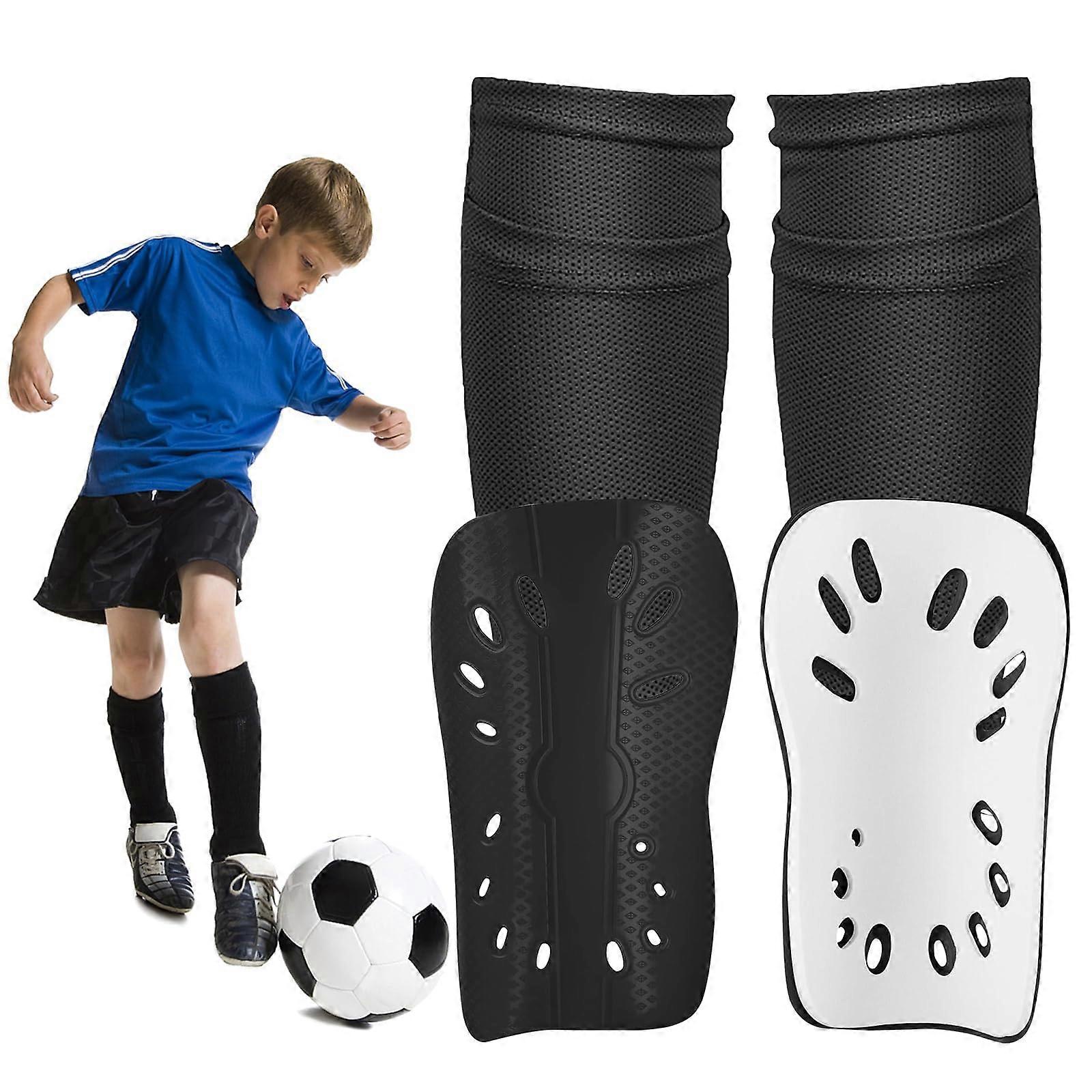Kids Football Shin Pads With Sleeves Perforated Breathable Shin Guards Insert Pocket Black For Boys And Girls Soccer
